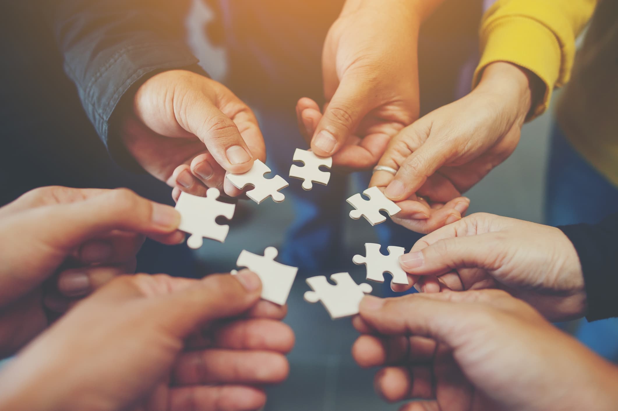 Group of hands each holding a puzzle piece