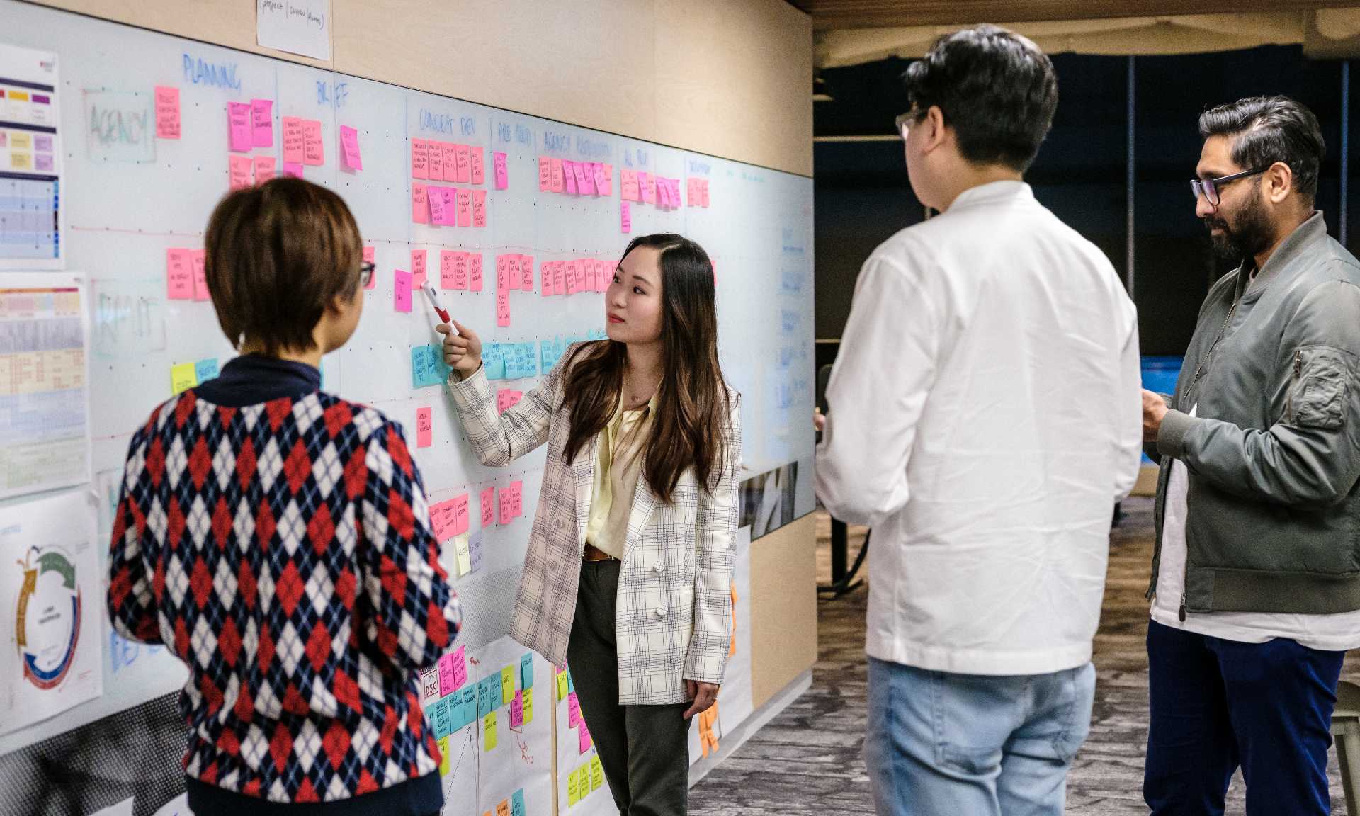 Four people brainstorming with post it notes