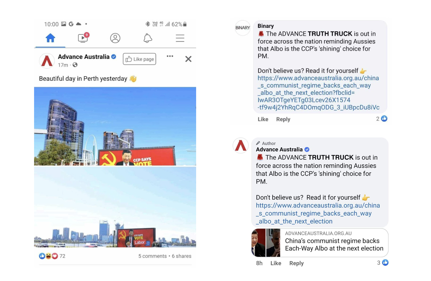 On the left, a Facebook post showing a mobile billbarod in Prth. On the right, a comment posted from the accounts of Binary and Advance Australia