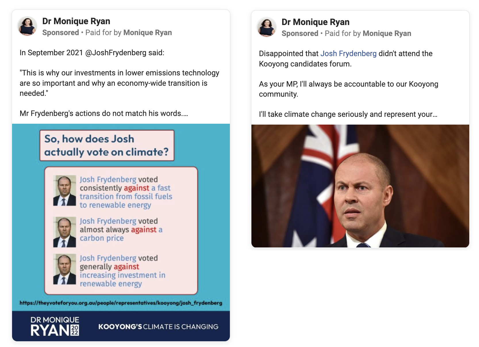 Two Facebook advertisements about the the sitting member for Kooyong, Josh Frydenberg.