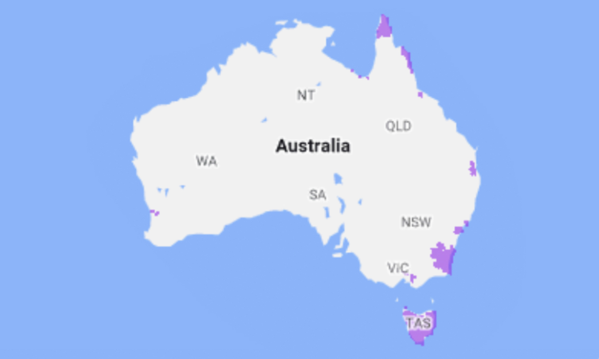 A heatmap of Australia highlighting parts of the east coast and Tasmania.