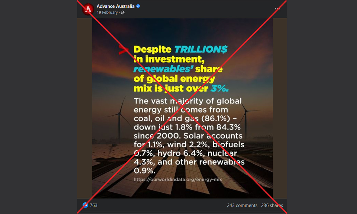 Advance Australia Facebook post about global energy mix with red cross through it