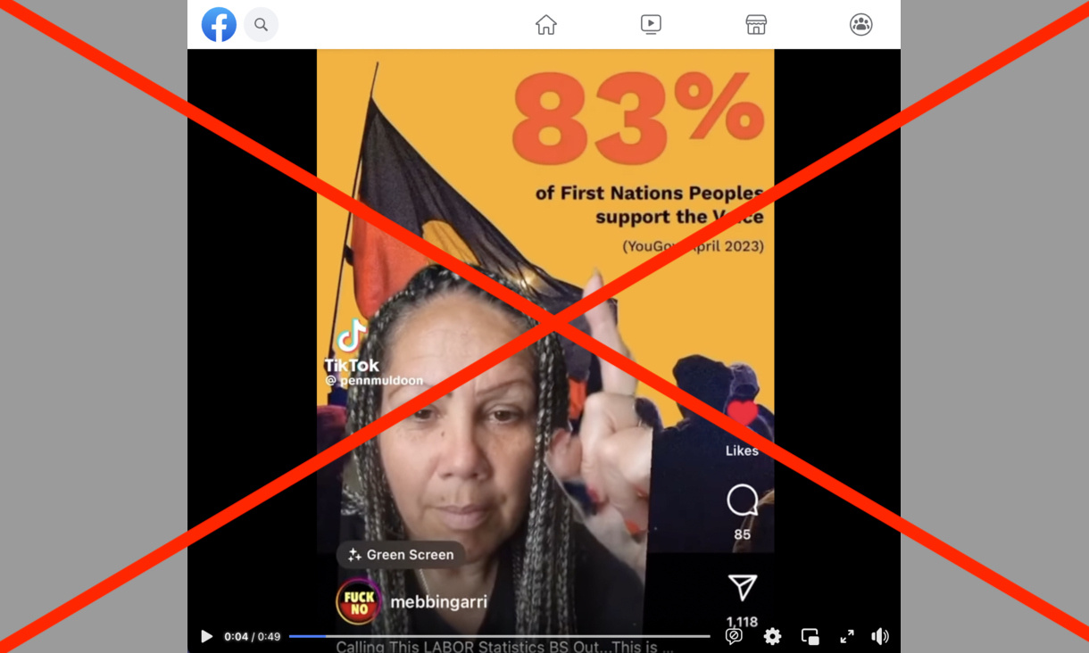 Facebook post showing woman's face and hand pointing to  figure of 83%