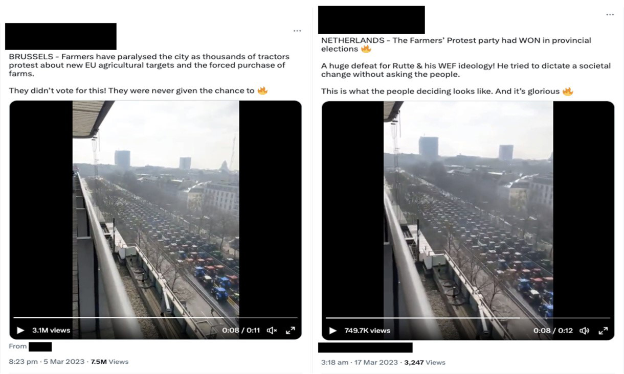 two screenshots from social media showing farmers' tractor convoys