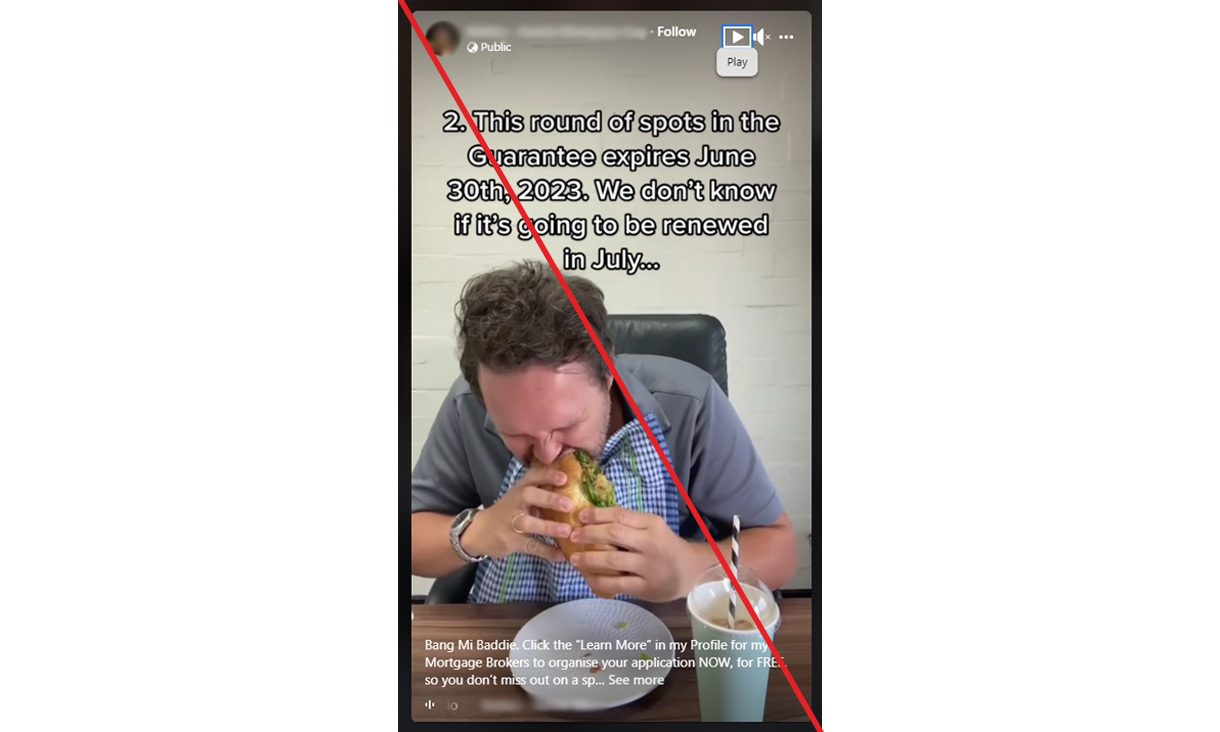 Man in grey short-sleeved shirt eating large sandwich with plate and cup on table in front of him. Caption above  him and red diagonal strike through image