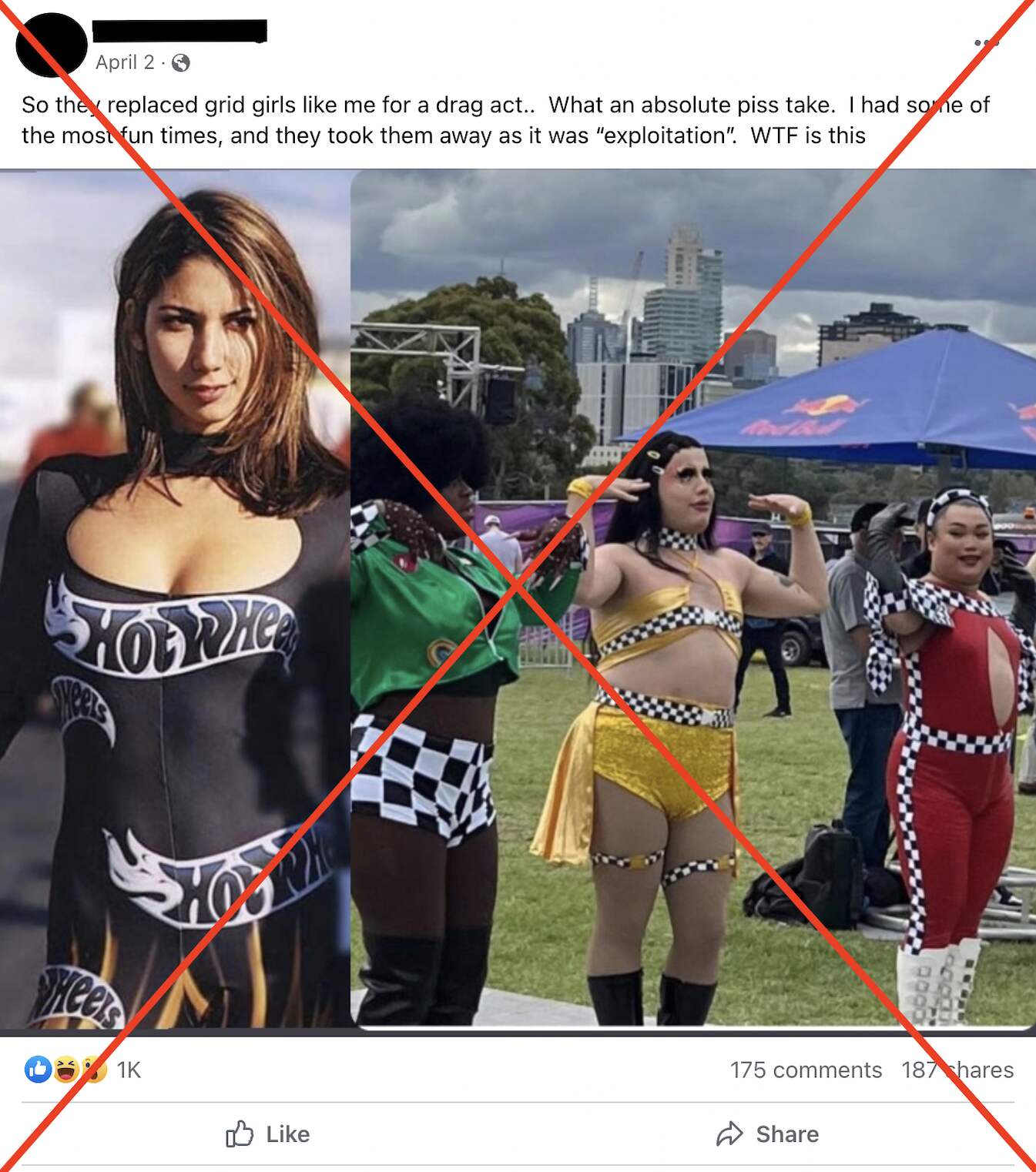 Facebook post showing a photo of a F1 grid girl and a photo of drag performers