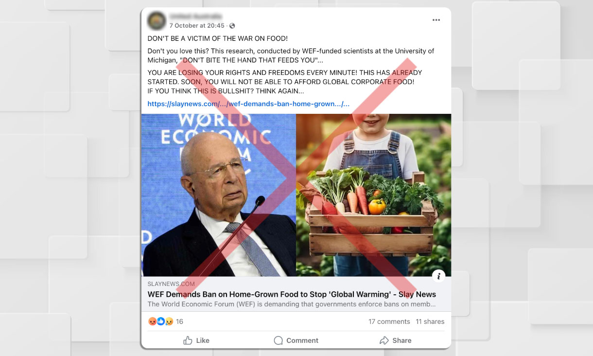 Facebook post struck out with red cross shows pictures of a middle-aged man and  a child holding a wooden box of vegetables