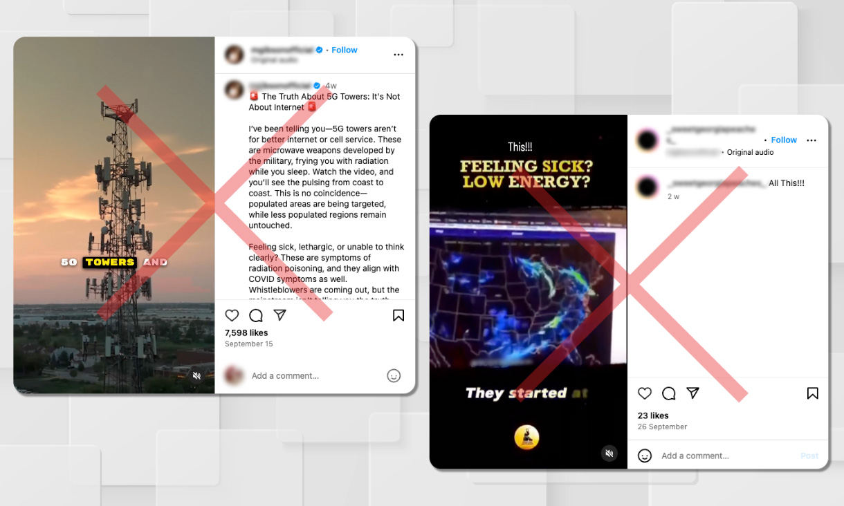 Social media posts struck out with red crosses show false information about 5G towers.