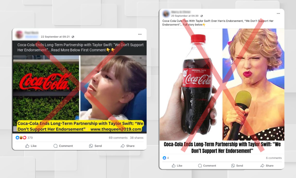 Two Facebook posts struck out with red crosses show images of Taylor Swift and Coca-Cola side by side