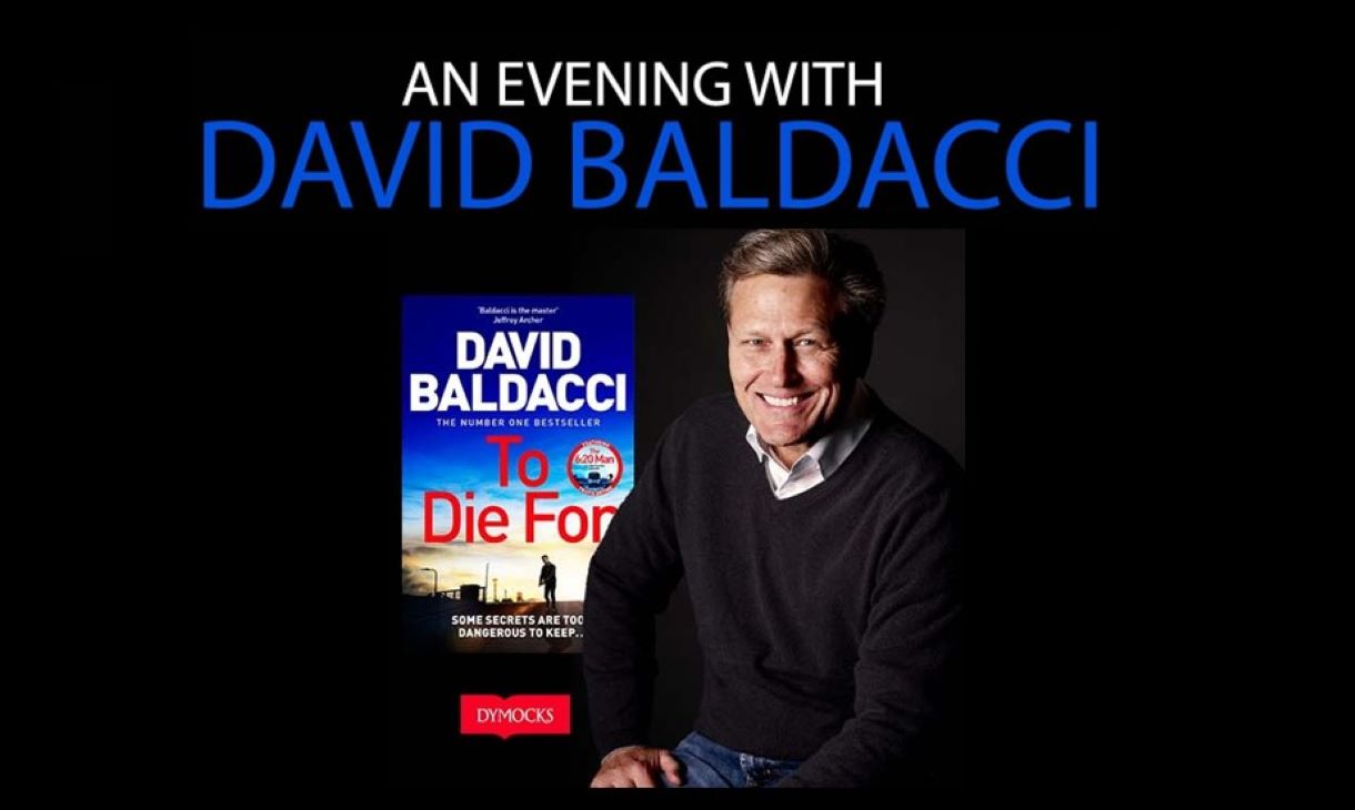 Profile photo of David Baldacci with his book cover in the background