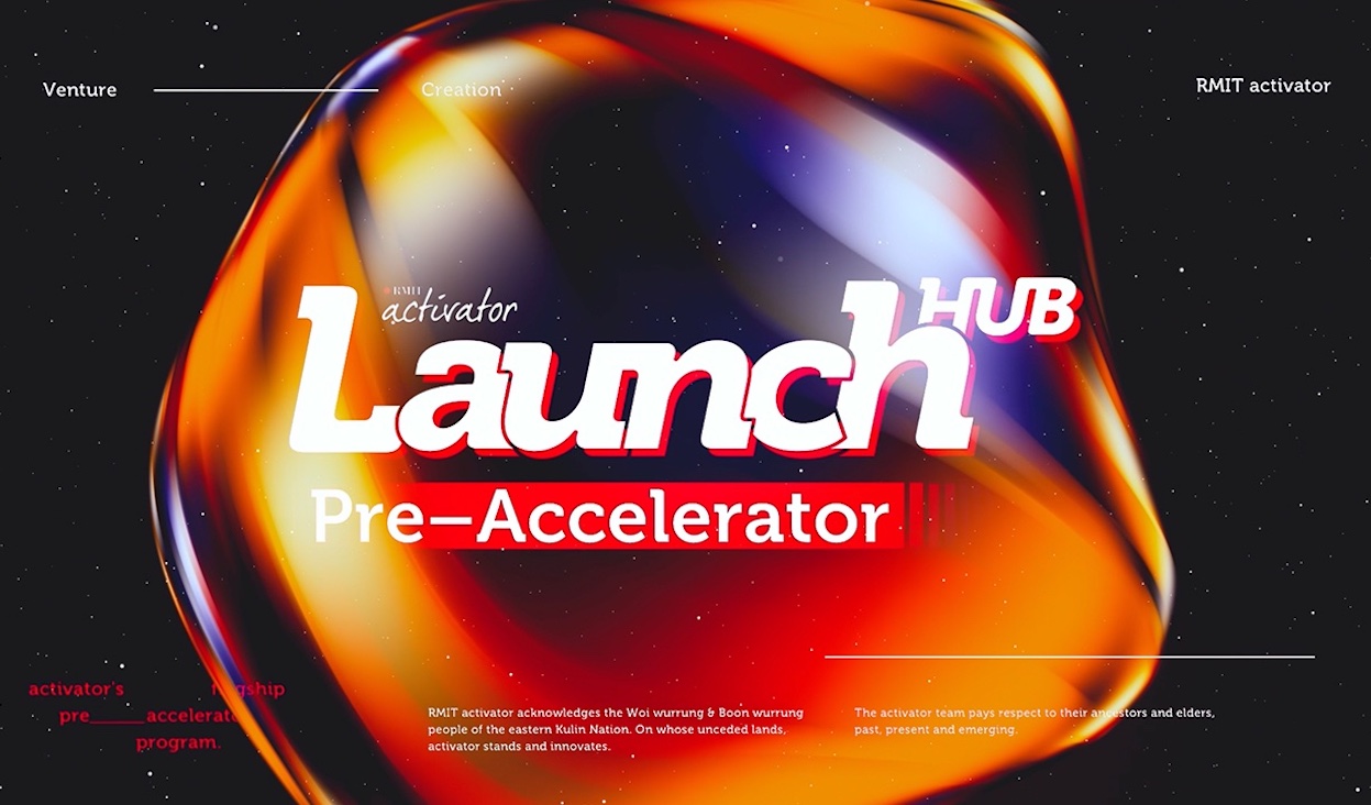 LaunchHUB logo, a bright orange liquid on a space background with the text 'LaunchHUB Pre-Accelerator'