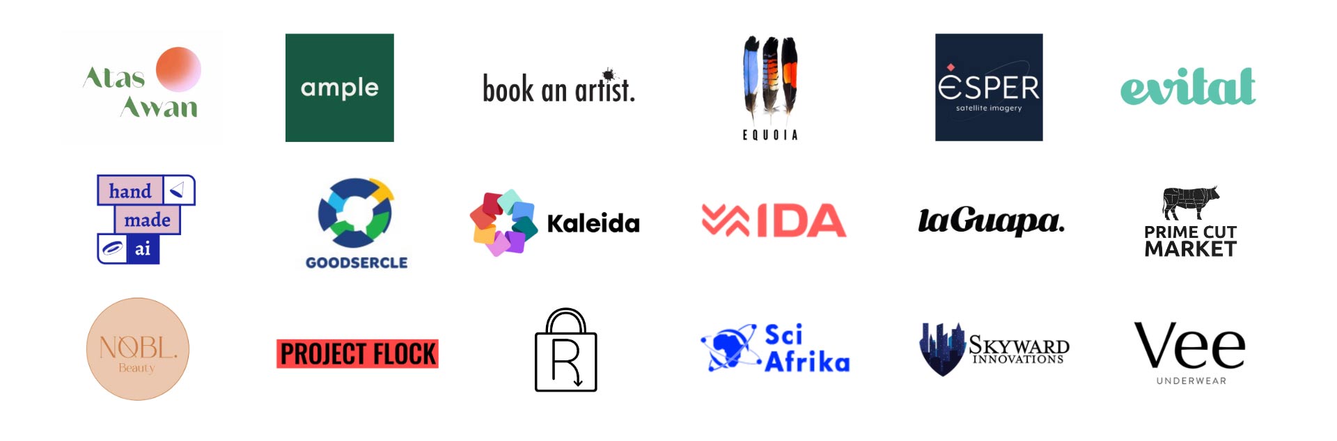 Showcase of various logos created by LaunchHUB's program alumni. There are 18 logos in total arranged in 3 rows of 6 logos each.