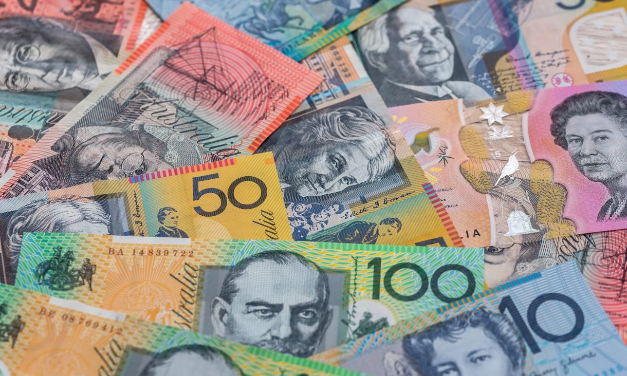 Closeup of pile of Australian banknotes