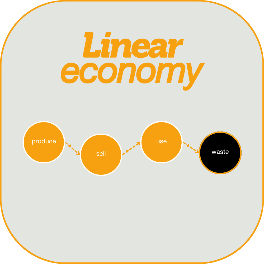 A graphic illustrating a linear economy. There are four circles in a row, with arrows between one, going from left right, the circles starting from the left say 'product', 'sell', 'use', 'waste'.