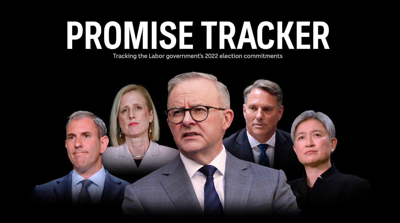 An image titled 'Promist Tracker' features five prominenet figures in suits. The text below the title states "Tracking the Labor government's 2022 election commitments".