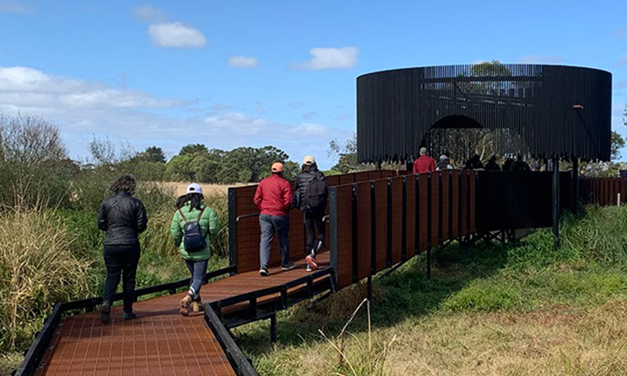 The group visited a community space at Budj Bim in southwestern Victoria.