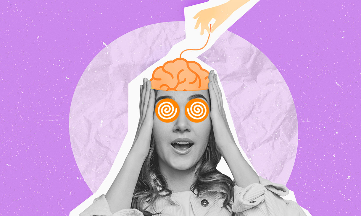 Abstract image of woman with cartoon brain and eyes