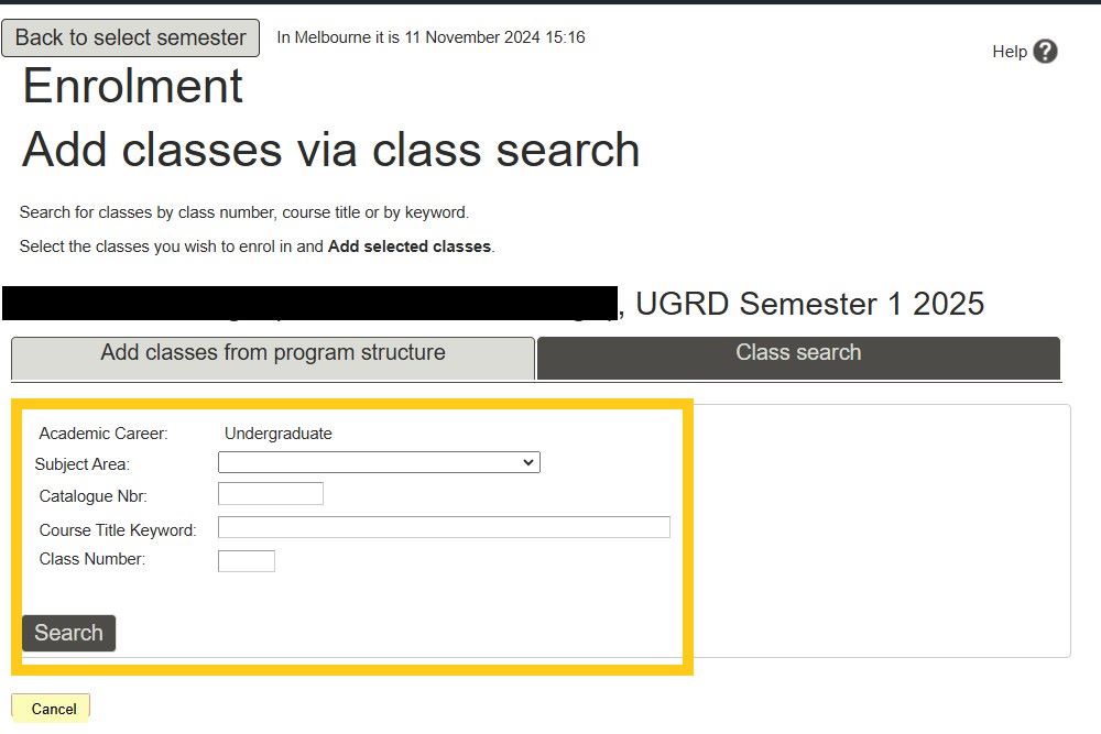 Screenshot of Enrolment Online for exchange and cross-institute students adding classes