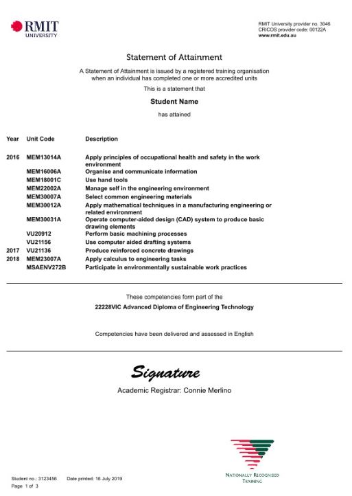 Sample Statement of Attainment