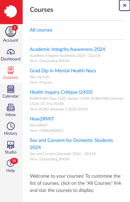 Screenshot of the Courses page in a student's Canvas environment