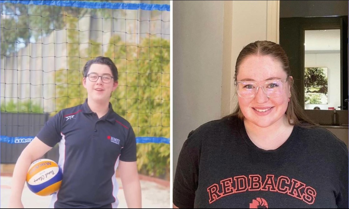 Left image: Photo of person holding a volleyball. Right image: Photo of woman posing for a photo.