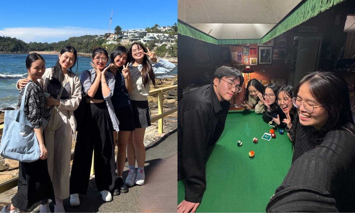 (L) Suzee and her friends posing at a beach in Sydney (R) Suzee and her friends taking a break from studying leaning over pool table in a bar smiling