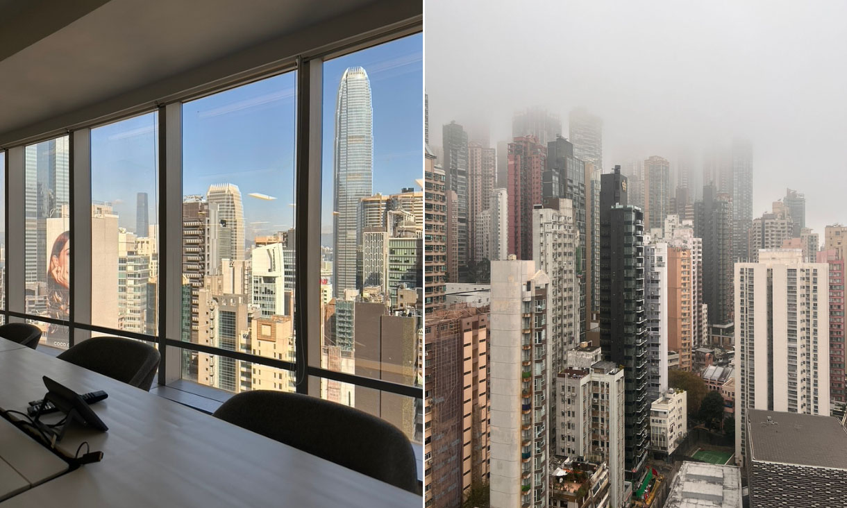 Two side by side images showcasing an office and the Hong Kong City skyline.