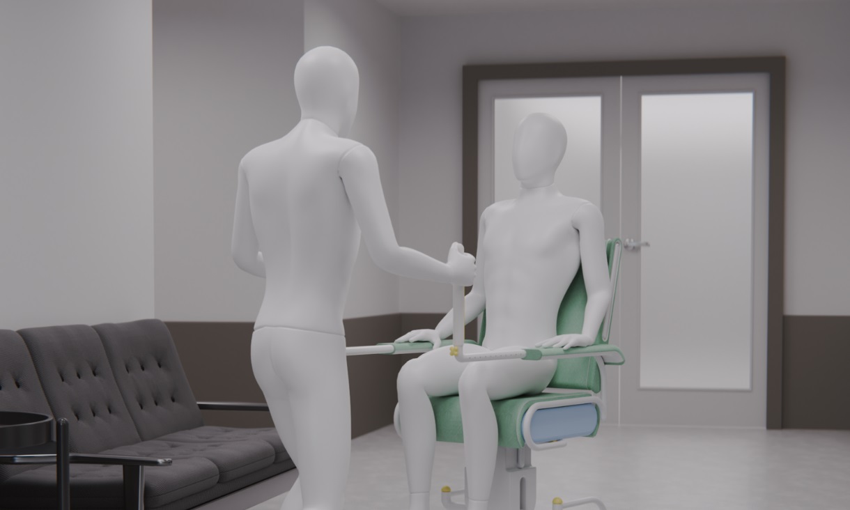 Maya’s bi-directional hospital transfer chair.