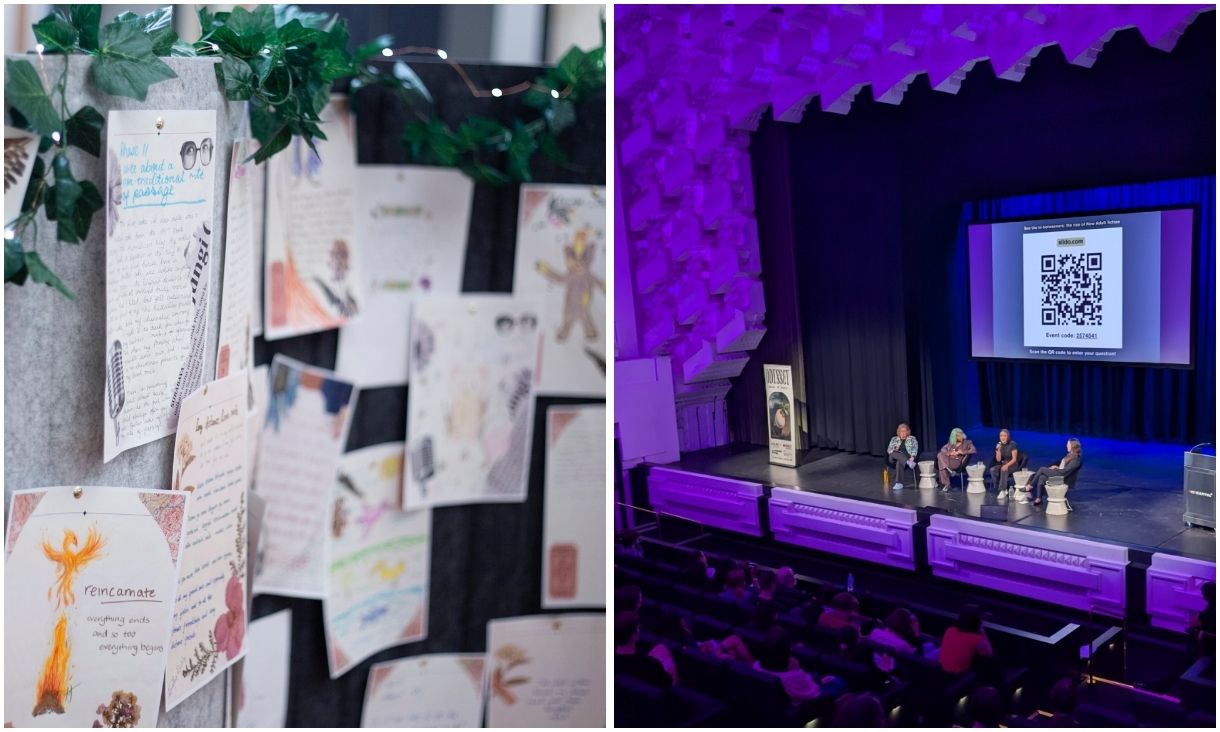 Left image shows close up photography of letters written pinned to a display board and right image shows students at Capitol Theatre watching a small panel group of stage present during the Odyssey festival. 