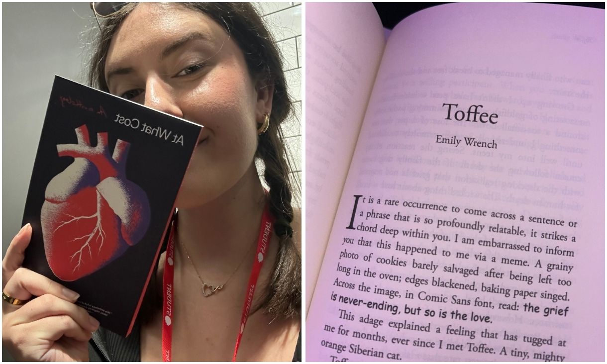 Left image young woman holding up her PWE anthology book in front of her face and right image shows the first page of her book open.