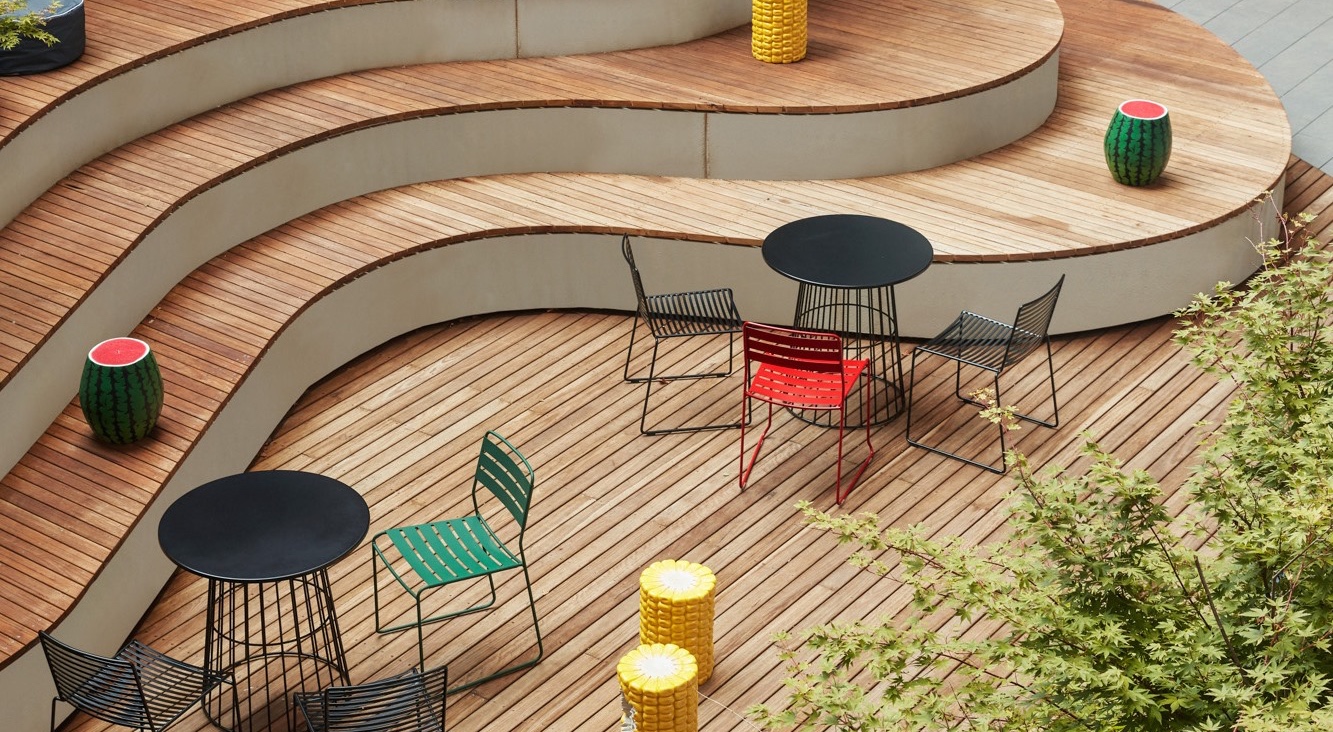 A wooden seating area.