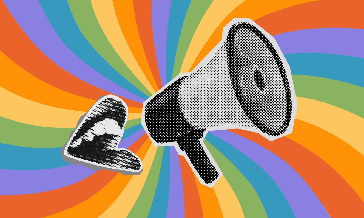 mouth and megaphone sticker on a rainbow background 