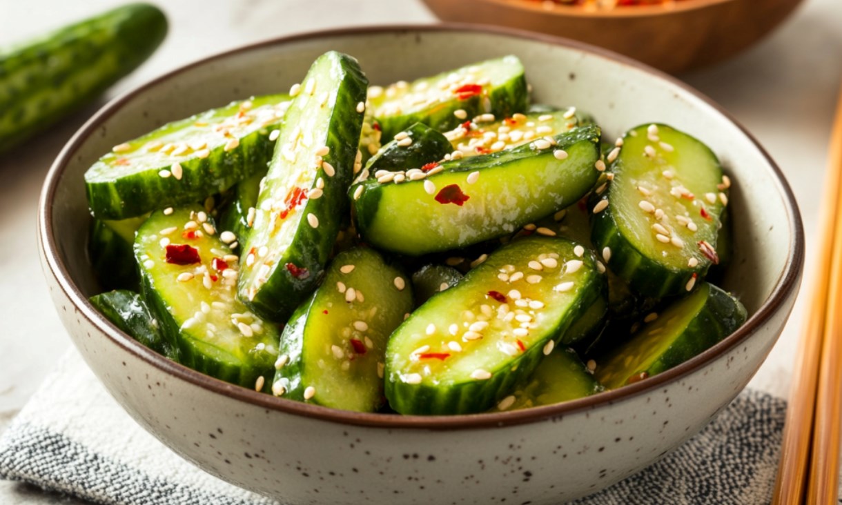 Bowl of sliced pickled cucumbers.