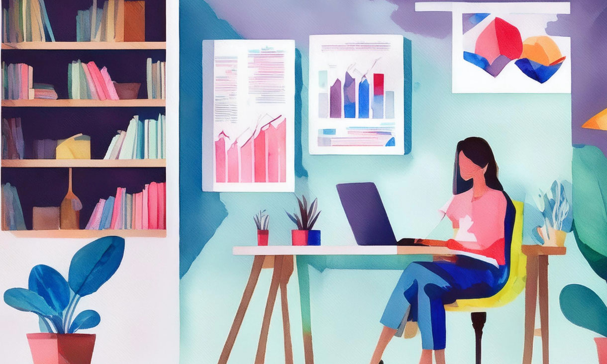 Watercolour of someone sitting at a desk, graphs and charts hanging behind them