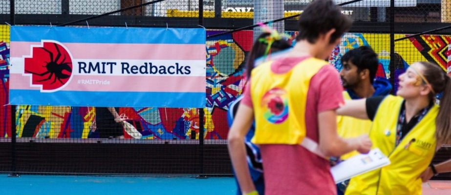 RMIT Redbacks banner is featured on a court.