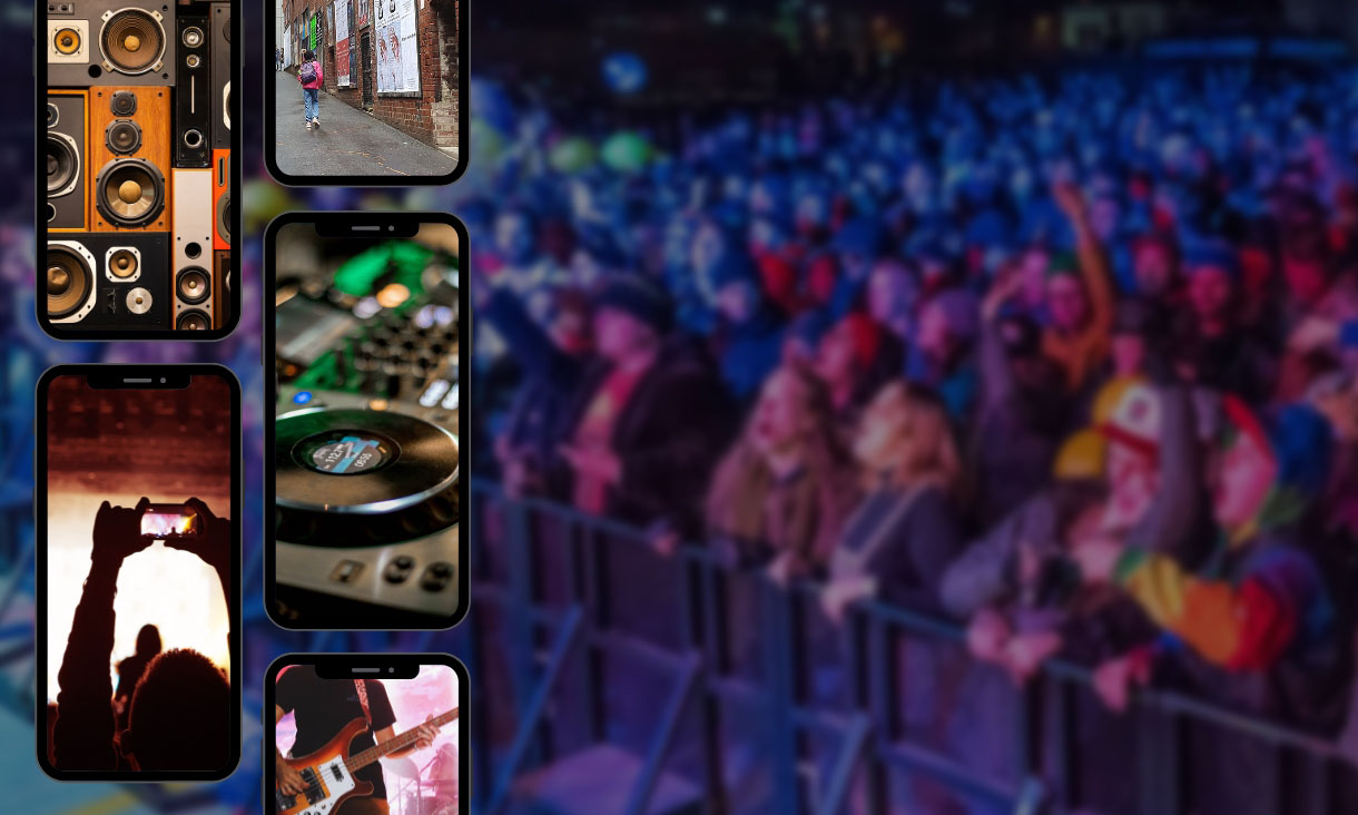 A blurred crowd at a concert are in the background. In the foreground on the left is a series of 5 phones in two columns depicting images of a set of speakers, a DJ mixer, a person playing the guitar, and person taking a fan video at a concert, and a person walking up a street.