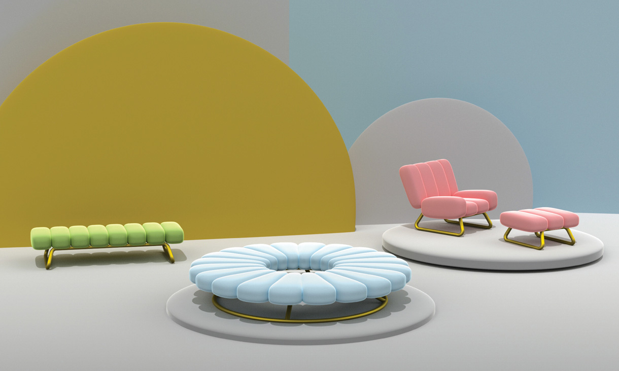 A large room with a white floor and baby blue walls. There is a large yellow semi-circle and smaller white semi-circle on the back wall. On the left is a green bench, in the centre is a baby blue circular bench, and on the right is a pastel pink armchair and footrest. All furniture has gold legs.