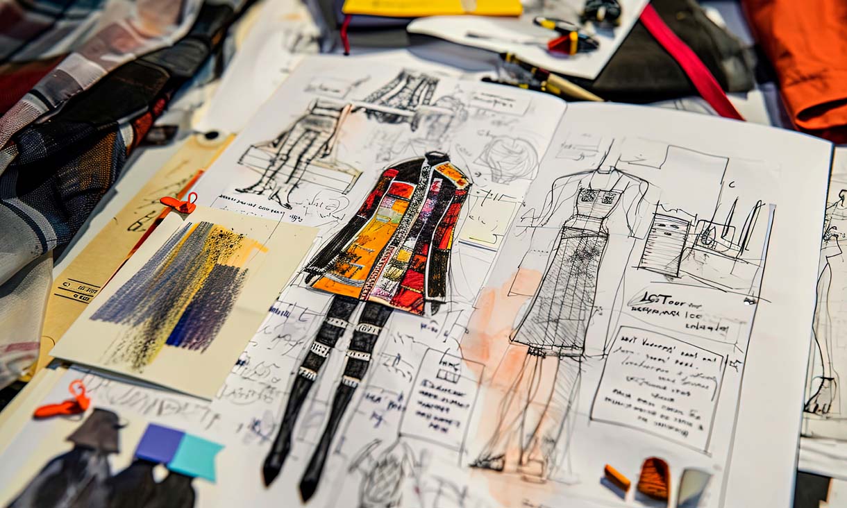 A close up of a notebook with a series of fashion diagrams accompanied by notes detailing the garments.