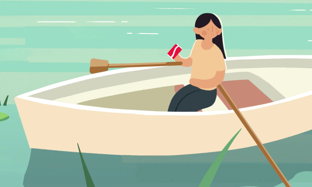 A simple painting of a woman drinking from a can and sitting in a rowboat.