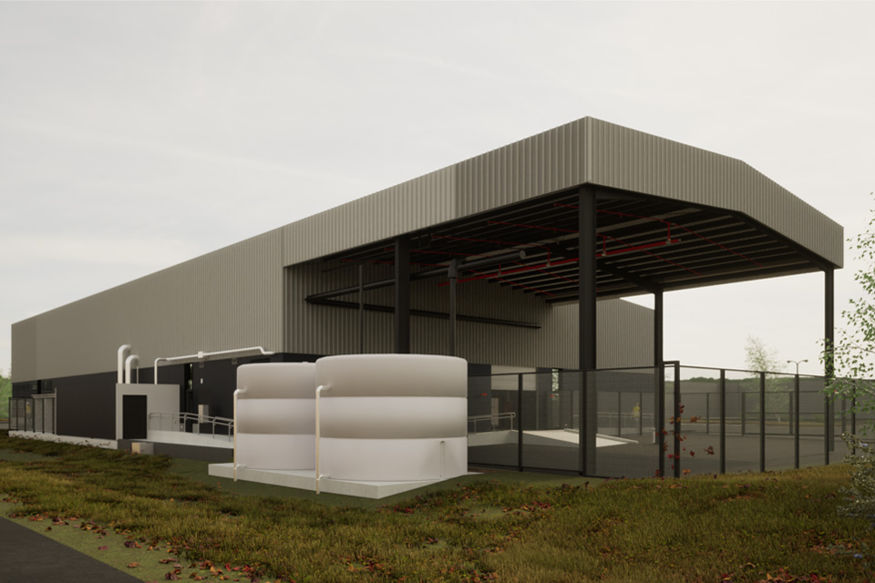 3D render of RMIT's Trade Innovation Centre, a large grey warehouse with a delivery depot and large white water tanks.