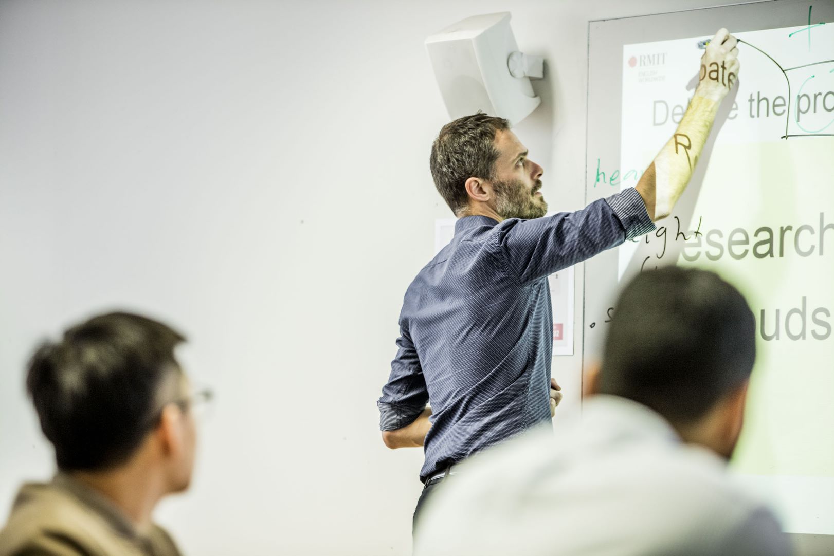 Teacher writing on a digital whiteboard in class