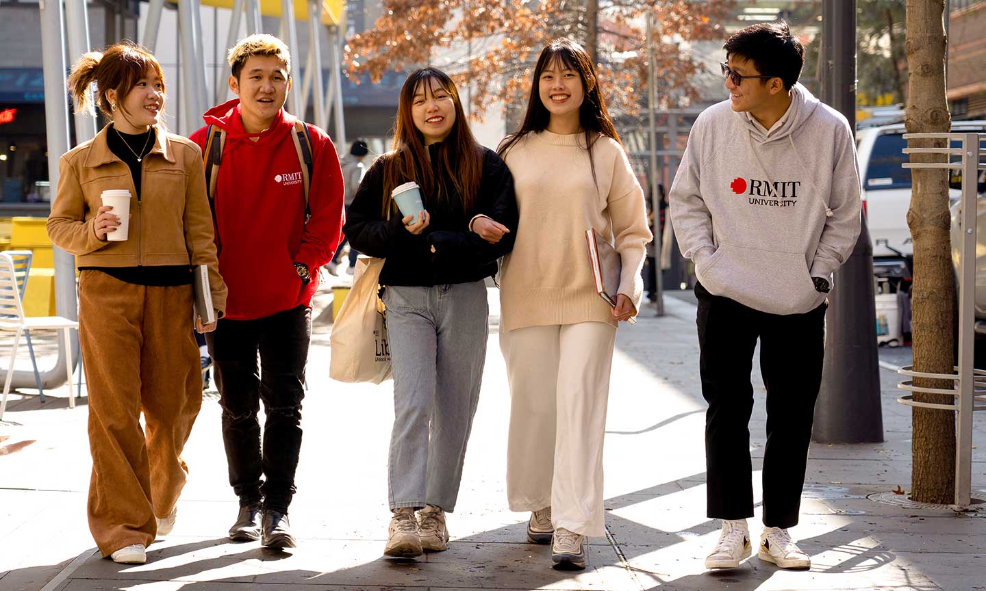 Group of five students walking outside RMIT Melbourne City campus