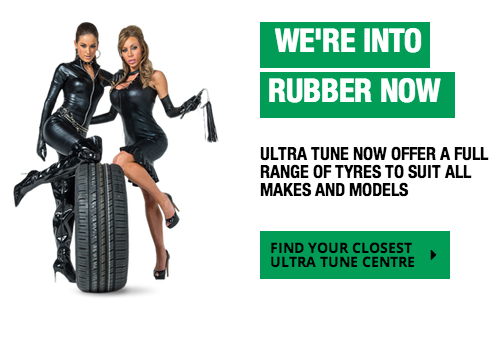 Ultra Tune’s ‘Get into rubber’ campaign, showing women wearing tight-fitting rubber outfits.