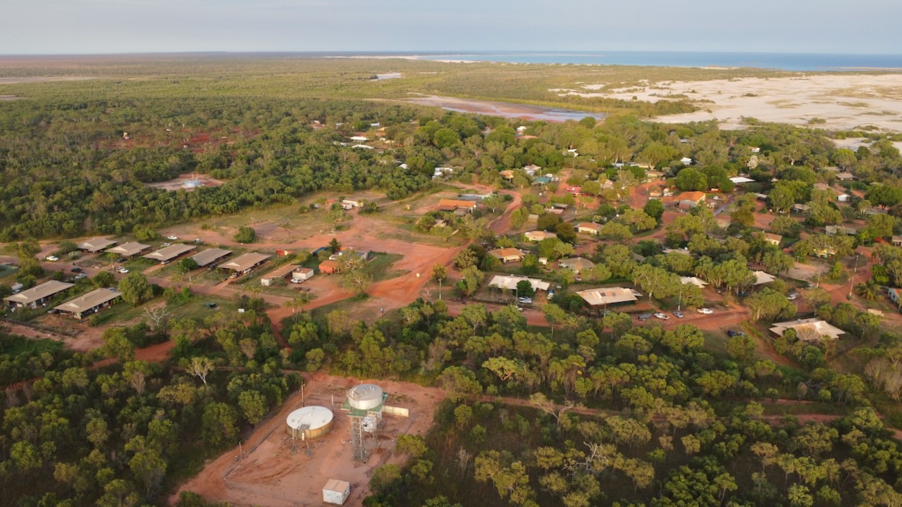 Aerial photo of Djarindjin and Lombadina communities, West Kimberely region, Western Australia. The research team visited 12 remote First Nations communities for the study. 