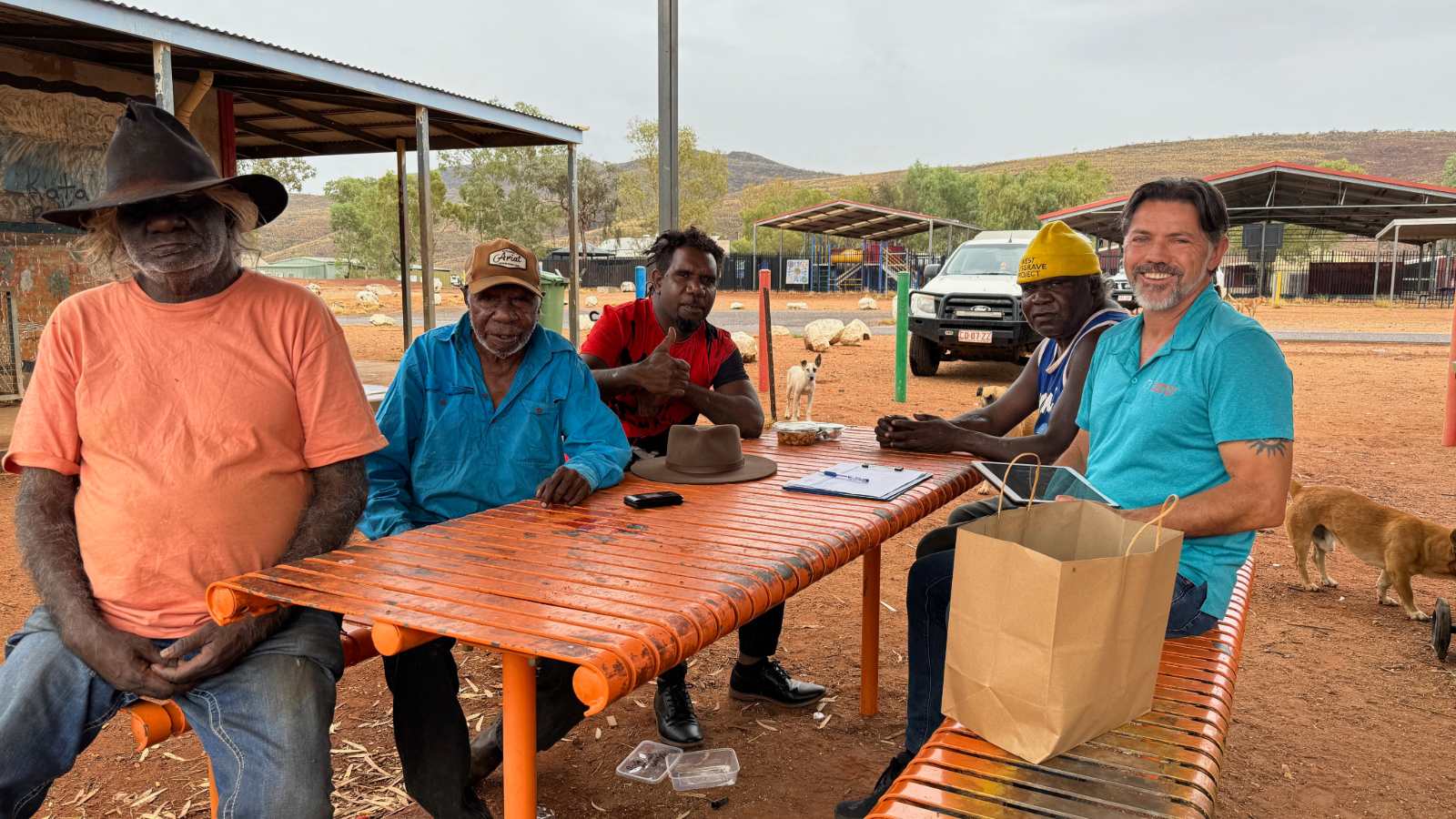 RMIT researcher Daniel Featherstone (right) with some of the Pipalyatjara elders: Freddie Ken, Colin Paddy, co-researcher Danny Fox, and Lawrence Brumby.