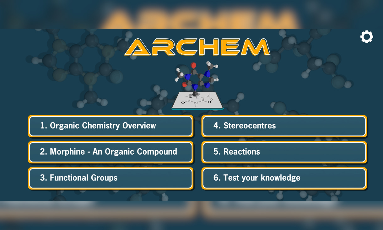 The main menu of the ARChem app with 6 options