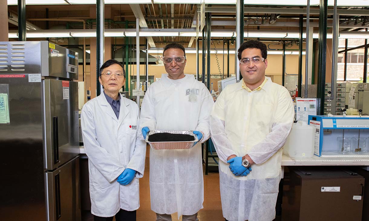 Professor Jie Li, Dr Rajeev Roychand and Dr Mohammad Saberian (left to right) with coffee biochar in their lab at RMIT University. Credit: Carelle Mulawa-Richards, RMIT University