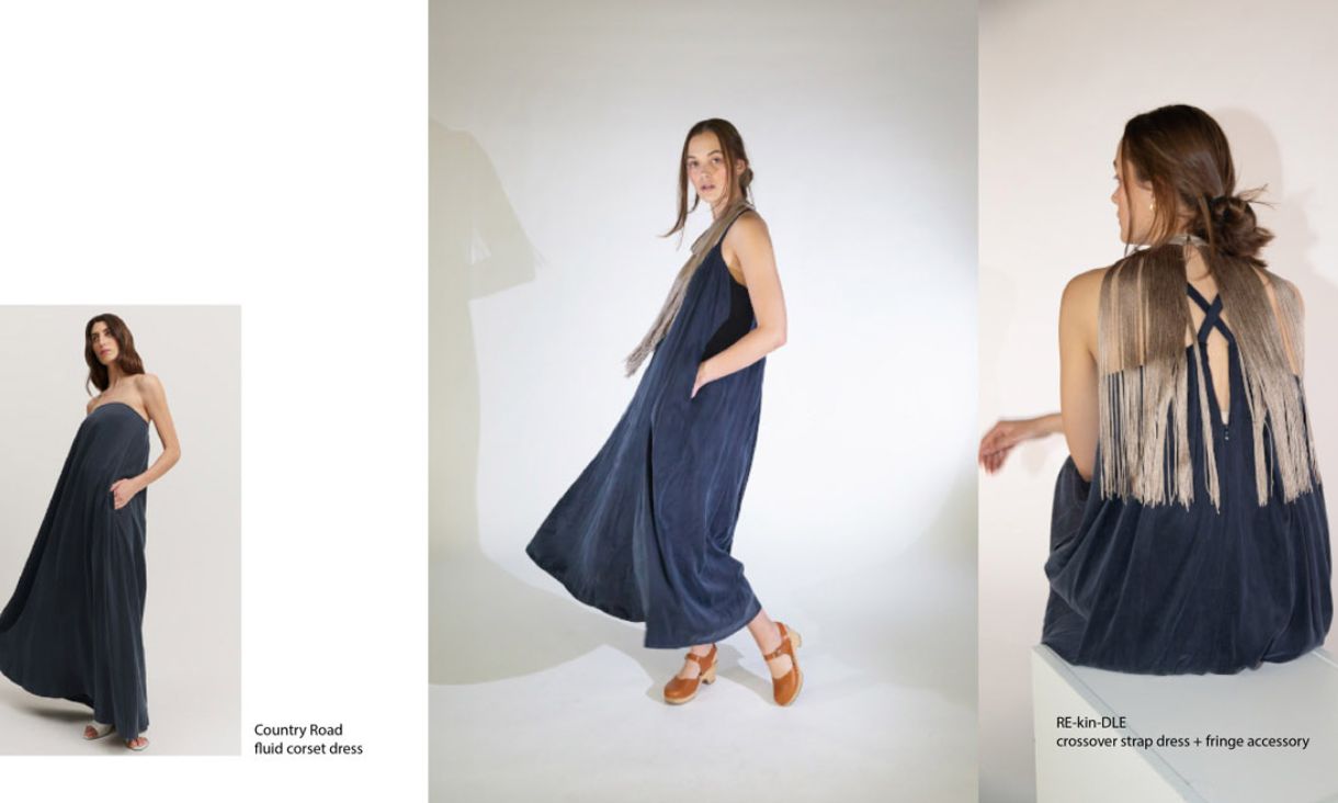 Three images of model wearing flowy navy dress.