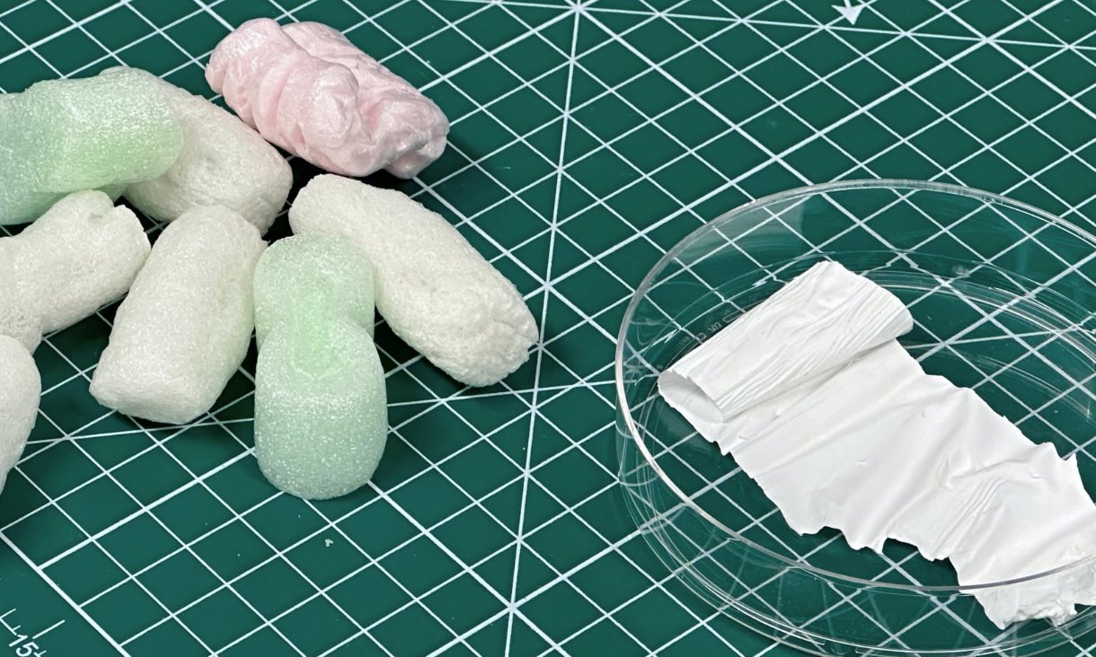 Researchers have turned polystyrene packaging materials into an innovative thin patch, made from multiple layers of polystyrene each around one-tenth the thickness of a human hair, which produces static electricity. Credit: Seamus Daniel, RMIT