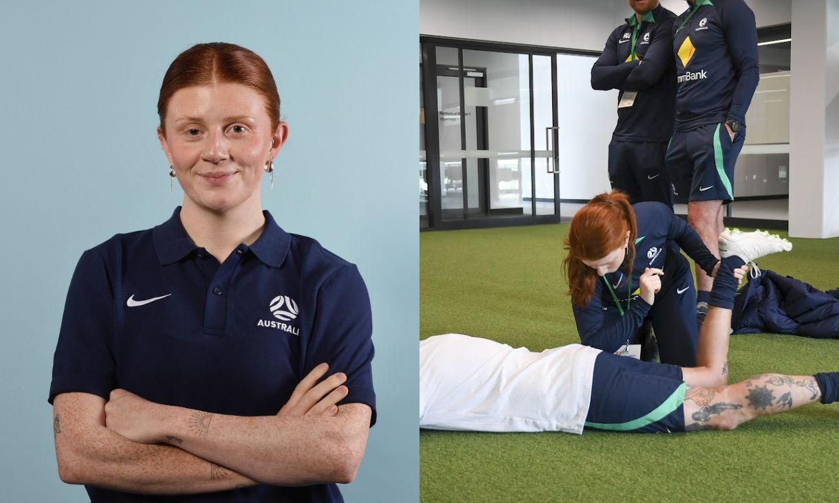 Two images of Georgia Tuckett, one where she is facing the camera with folded arms, and the other where she is massaging an athlete's legs.